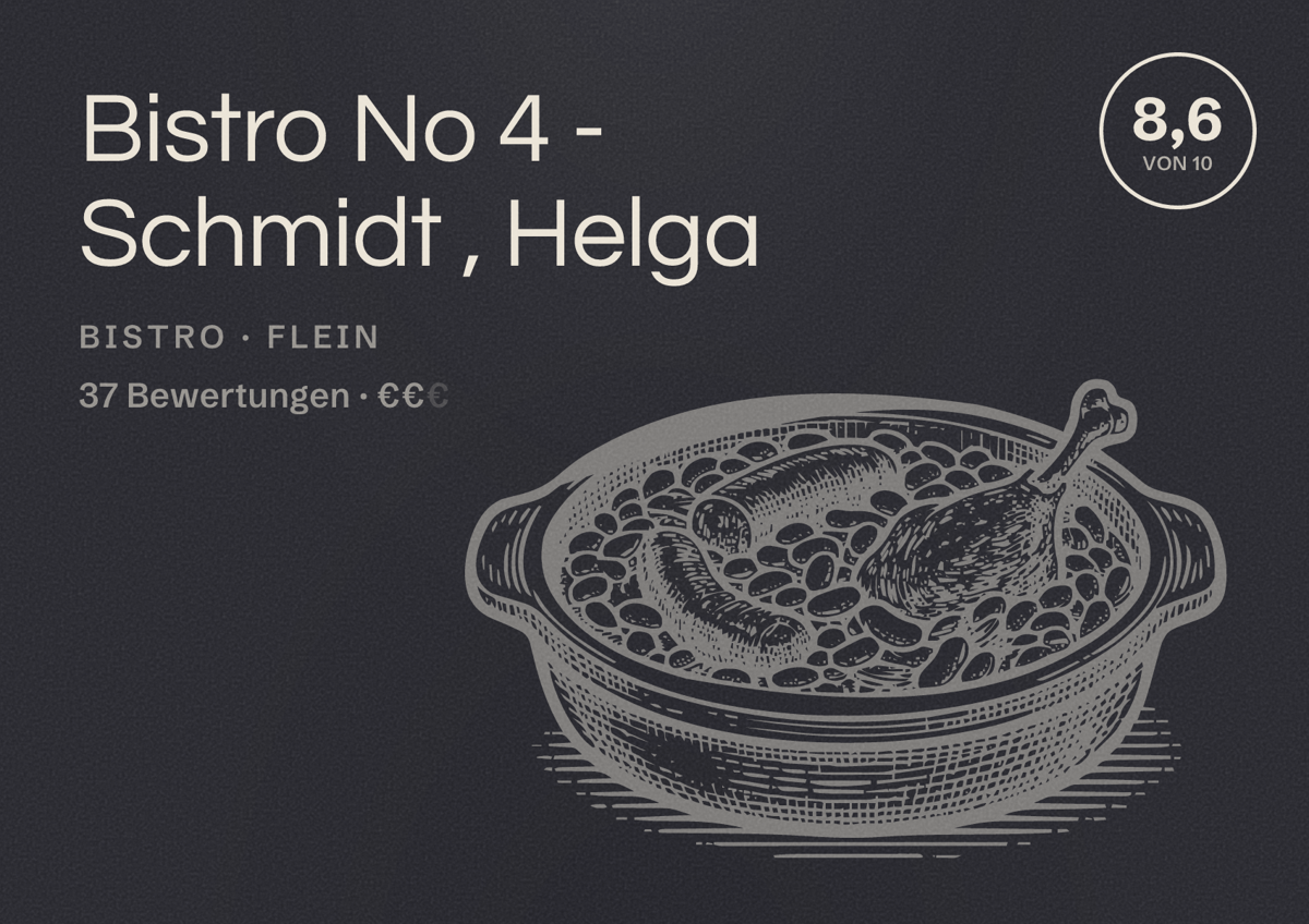 Illustriertes Poster von Bistro No 4 - Schmidt , Helga, Bistro in Flein: Bewertung 8,6 von 10 aus 37 Bewertungen, Preisniveau €€