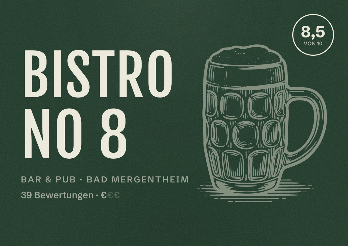 Illustriertes Poster von Bistro No 8, Bar & Pub in Bad Mergentheim: Bewertung 8,5 von 10 aus 39 Bewertungen, Preisniveau €