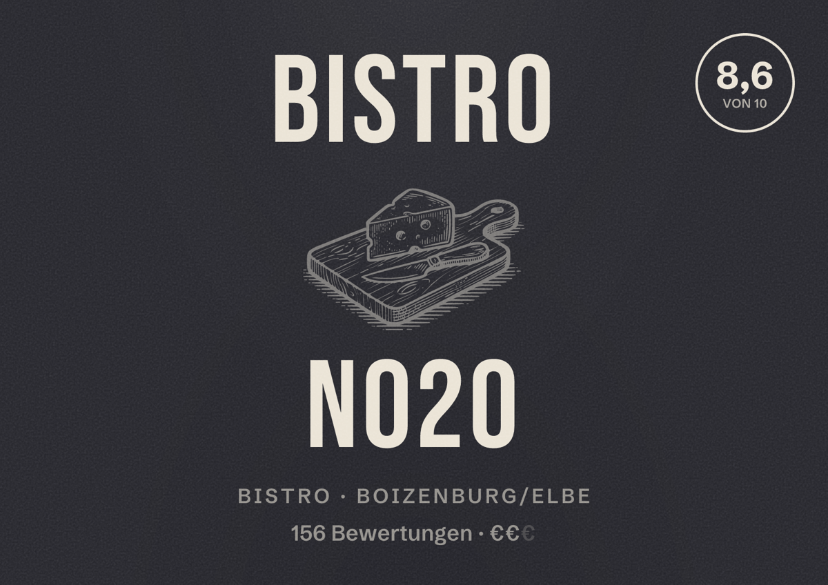 Illustriertes Poster von Bistro No20, Bistro in Boizenburg/Elbe: Bewertung 8,6 von 10 aus 156 Bewertungen, Preisniveau €€