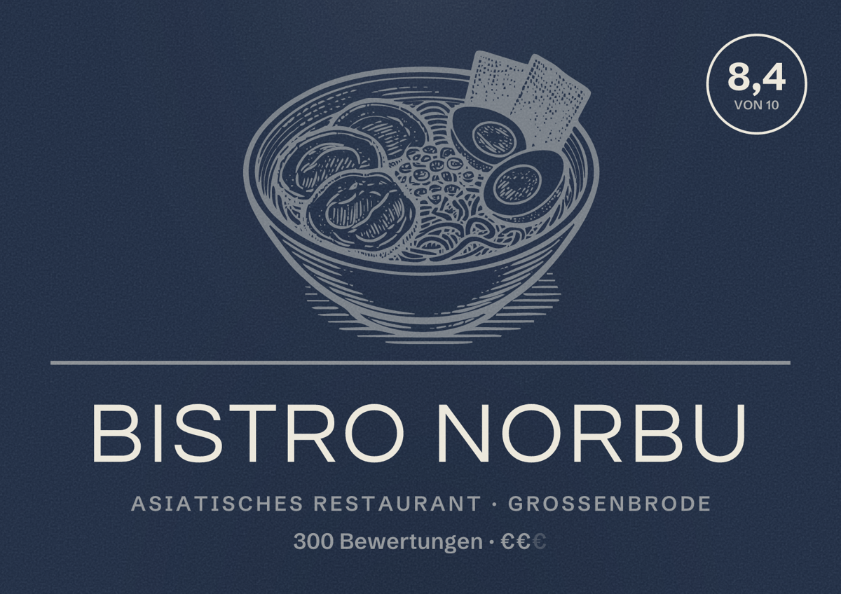 Illustriertes Poster von Bistro Norbu, Asiatisches Restaurant in Großenbrode: Bewertung 8,4 von 10 aus 300 Bewertungen, Preisniveau €€