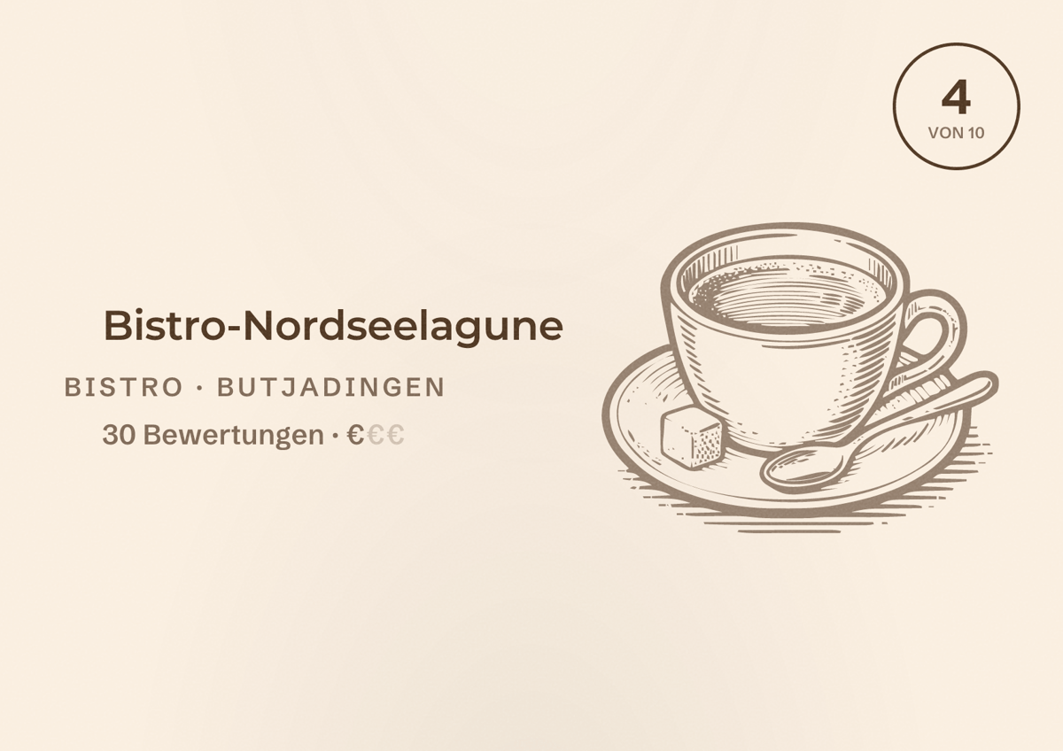 Illustriertes Poster von Bistro-Nordseelagune, Bistro in Butjadingen: Bewertung 4 von 10 aus 30 Bewertungen, Preisniveau €