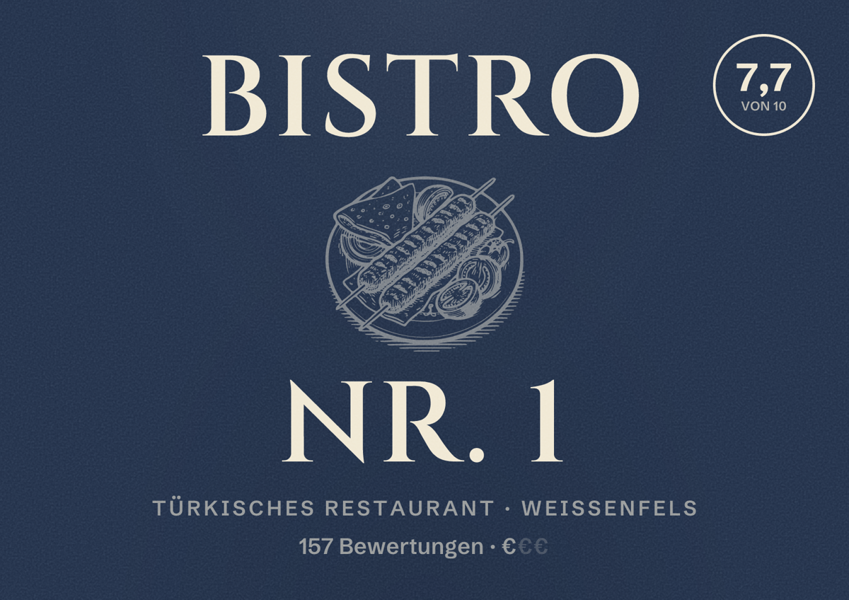 Illustriertes Poster von Bistro Nr. 1, Türkisches Restaurant in Weißenfels: Bewertung 7,7 von 10 aus 157 Bewertungen, Preisniveau €