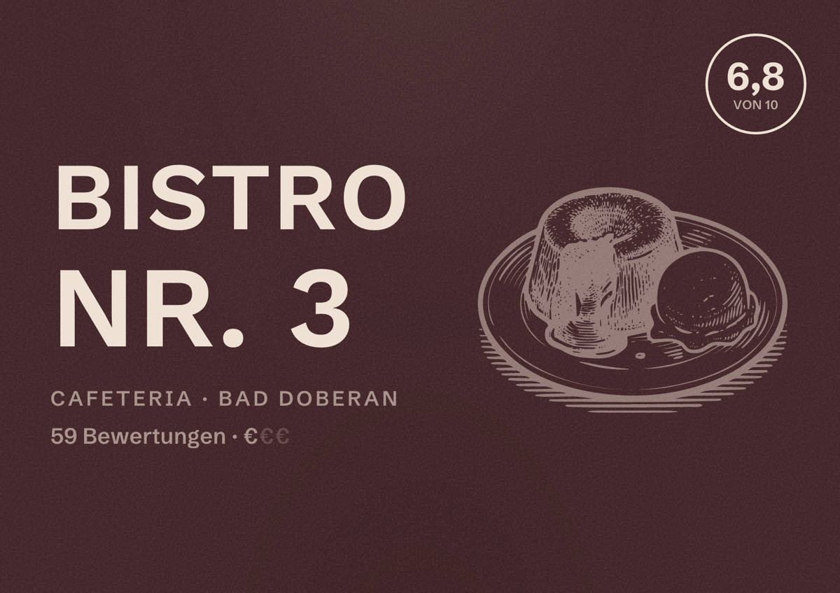 Illustriertes Poster von Bistro Nr. 3, Cafeteria in Bad Doberan: Bewertung 6,8 von 10 aus 59 Bewertungen, Preisniveau €