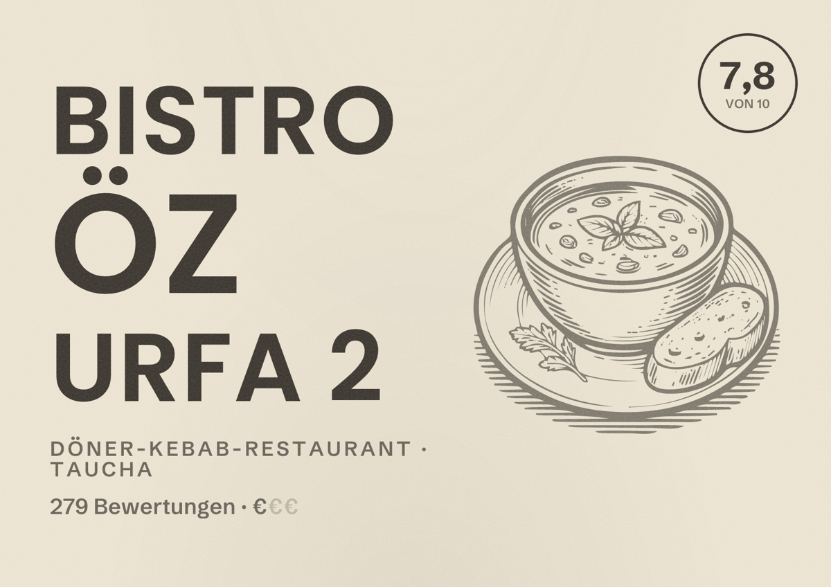 Illustriertes Poster von Bistro Öz Urfa 2, Döner-Kebab-Restaurant in Taucha: Bewertung 7,8 von 10 aus 279 Bewertungen, Preisniveau €