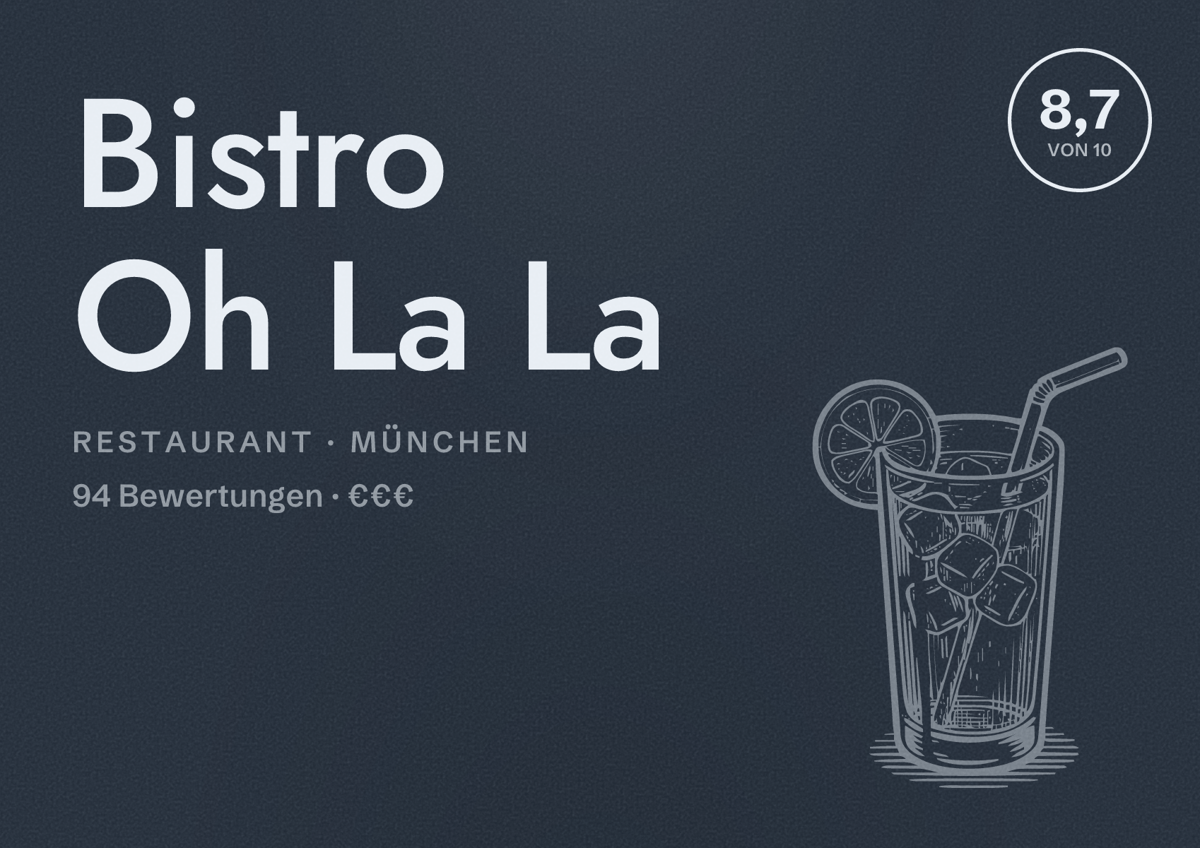 Illustriertes Poster von Bistro Oh La La, Restaurant in München: Bewertung 8,7 von 10 aus 94 Bewertungen, Preisniveau €€€