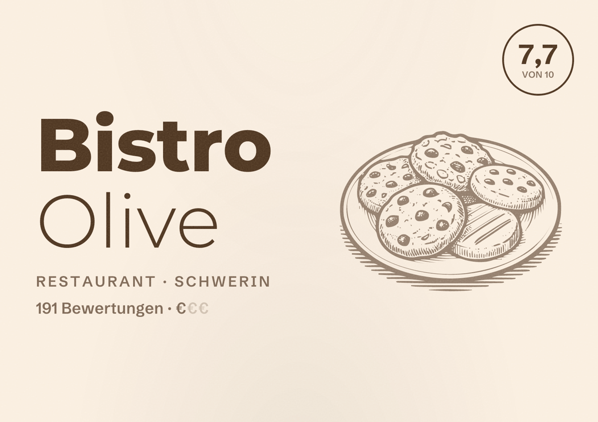 Illustriertes Poster von Bistro Olive, Restaurant in Schwerin: Bewertung 7,7 von 10 aus 191 Bewertungen, Preisniveau €