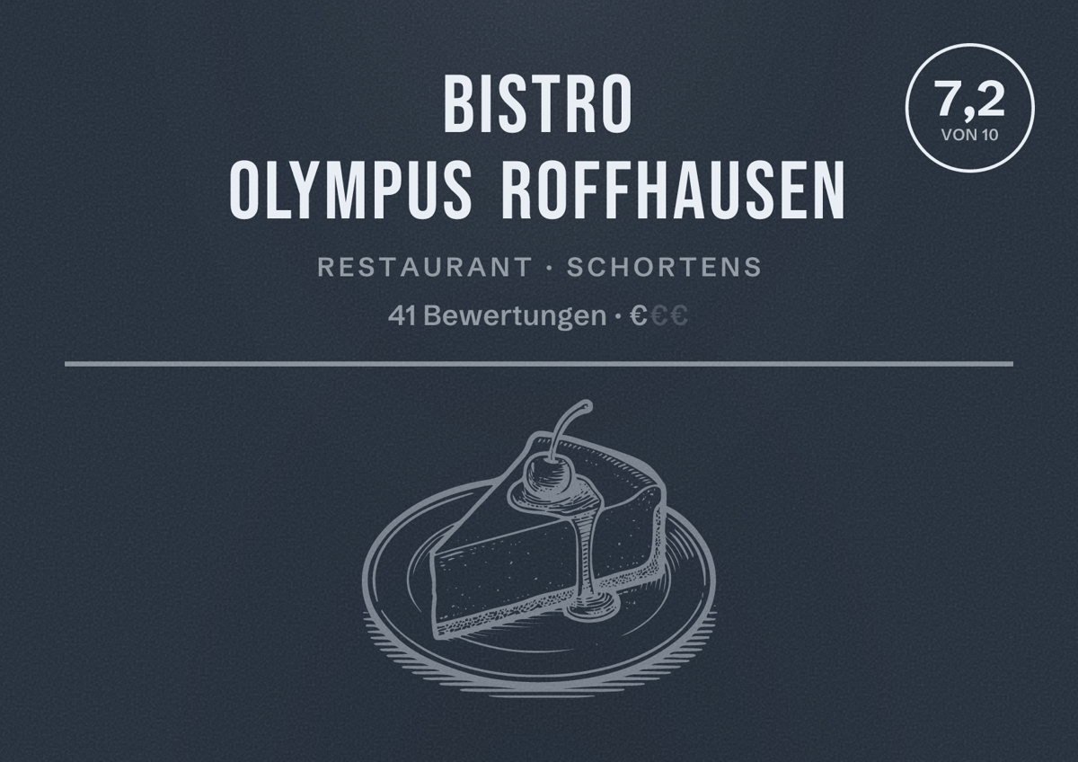 Illustriertes Poster von Bistro Olympus Roffhausen, Restaurant in Schortens: Bewertung 7,2 von 10 aus 41 Bewertungen, Preisniveau €