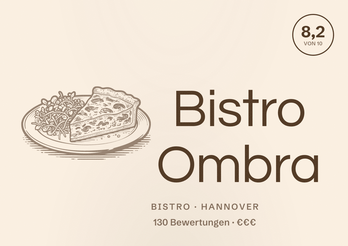 Illustriertes Poster von Bistro Ombra, Bistro in Hannover: Bewertung 8,2 von 10 aus 130 Bewertungen, Preisniveau €€€