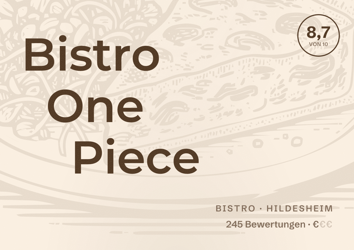 Illustriertes Poster von Bistro One Piece, Bistro in Hildesheim: Bewertung 8,7 von 10 aus 245 Bewertungen, Preisniveau €
