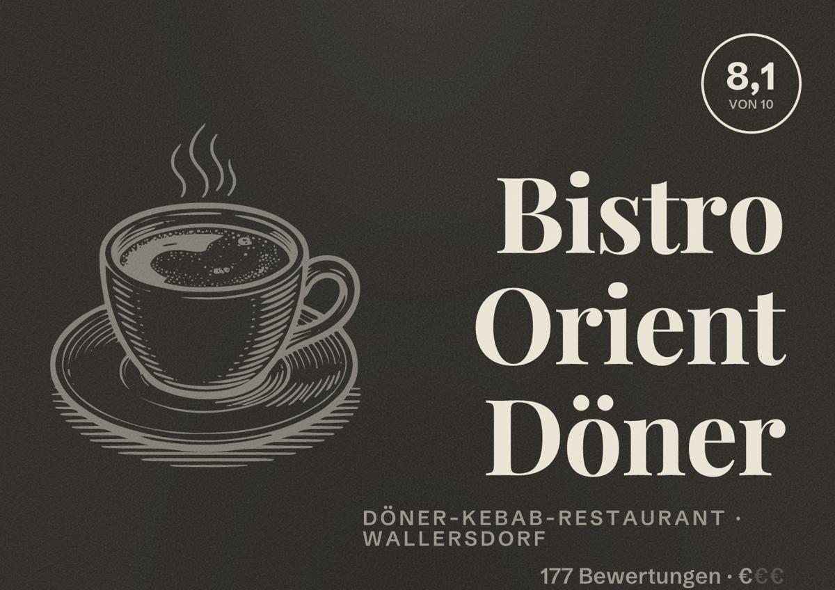 Illustriertes Poster von Bistro Orient Döner, Döner-Kebab-Restaurant in Wallersdorf: Bewertung 8,1 von 10 aus 177 Bewertungen, Preisniveau €