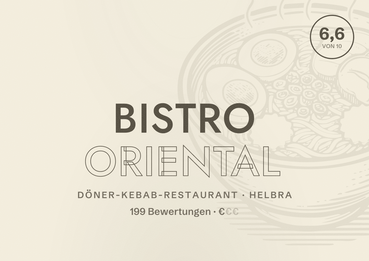 Illustriertes Poster von Bistro Oriental, Döner-Kebab-Restaurant in Helbra: Bewertung 6,6 von 10 aus 199 Bewertungen, Preisniveau €