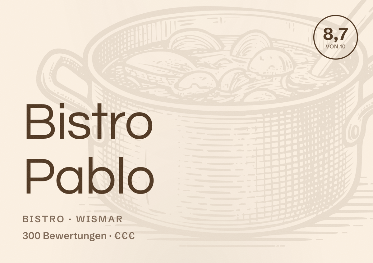 Illustriertes Poster von Bistro Pablo, Bistro in Wismar: Bewertung 8,7 von 10 aus 300 Bewertungen, Preisniveau €€€