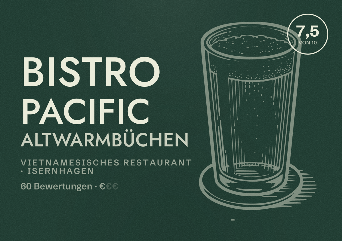 Illustriertes Poster von Bistro Pacific Altwarmbüchen, Vietnamesisches Restaurant in Isernhagen: Bewertung 7,5 von 10 aus 60 Bewertungen, Preisniveau €