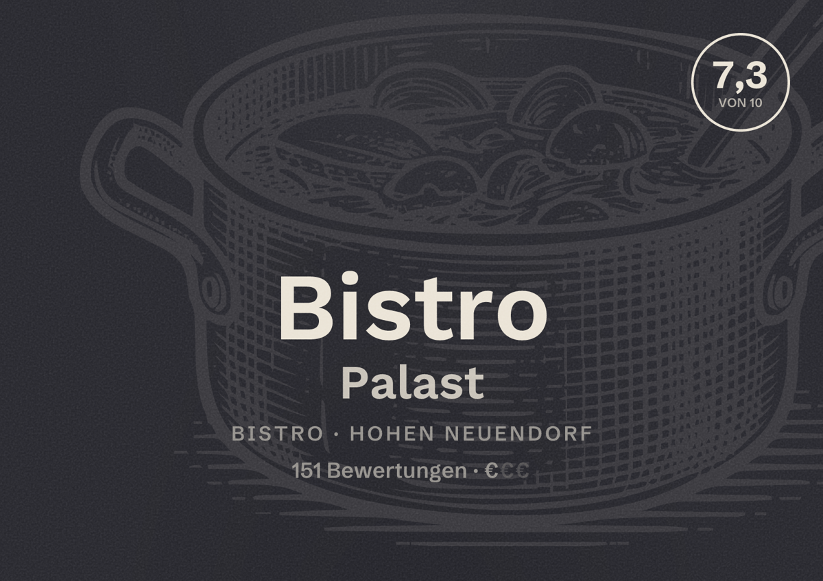 Illustriertes Poster von Bistro Palast, Bistro in Hohen Neuendorf: Bewertung 7,3 von 10 aus 151 Bewertungen, Preisniveau €