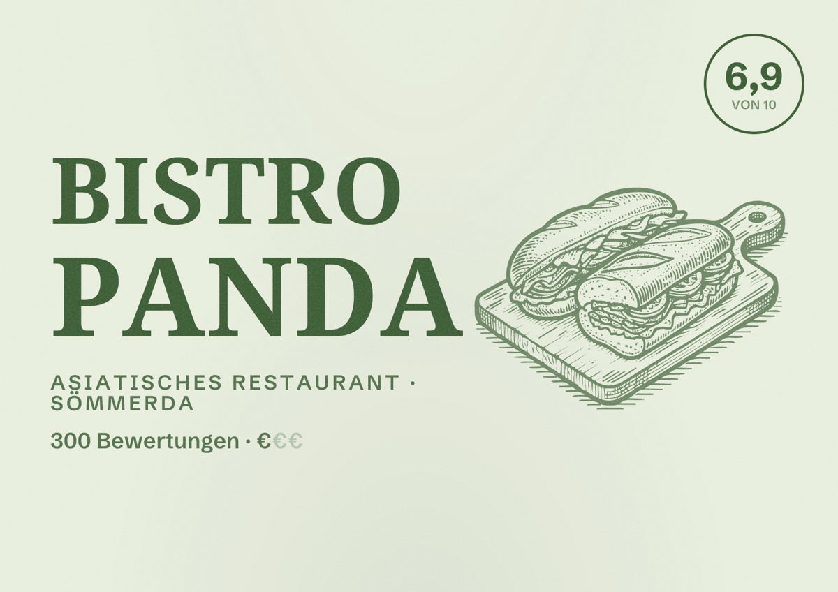 Illustriertes Poster von Bistro Panda, Asiatisches Restaurant in Sömmerda: Bewertung 6,9 von 10 aus 300 Bewertungen, Preisniveau €