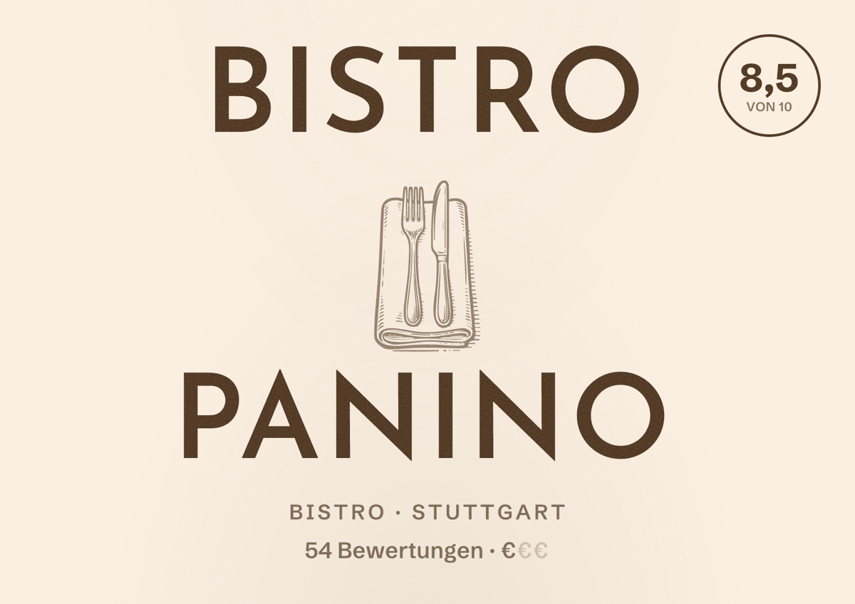 Illustriertes Poster von Bistro Panino, Bistro in Stuttgart: Bewertung 8,5 von 10 aus 54 Bewertungen, Preisniveau €