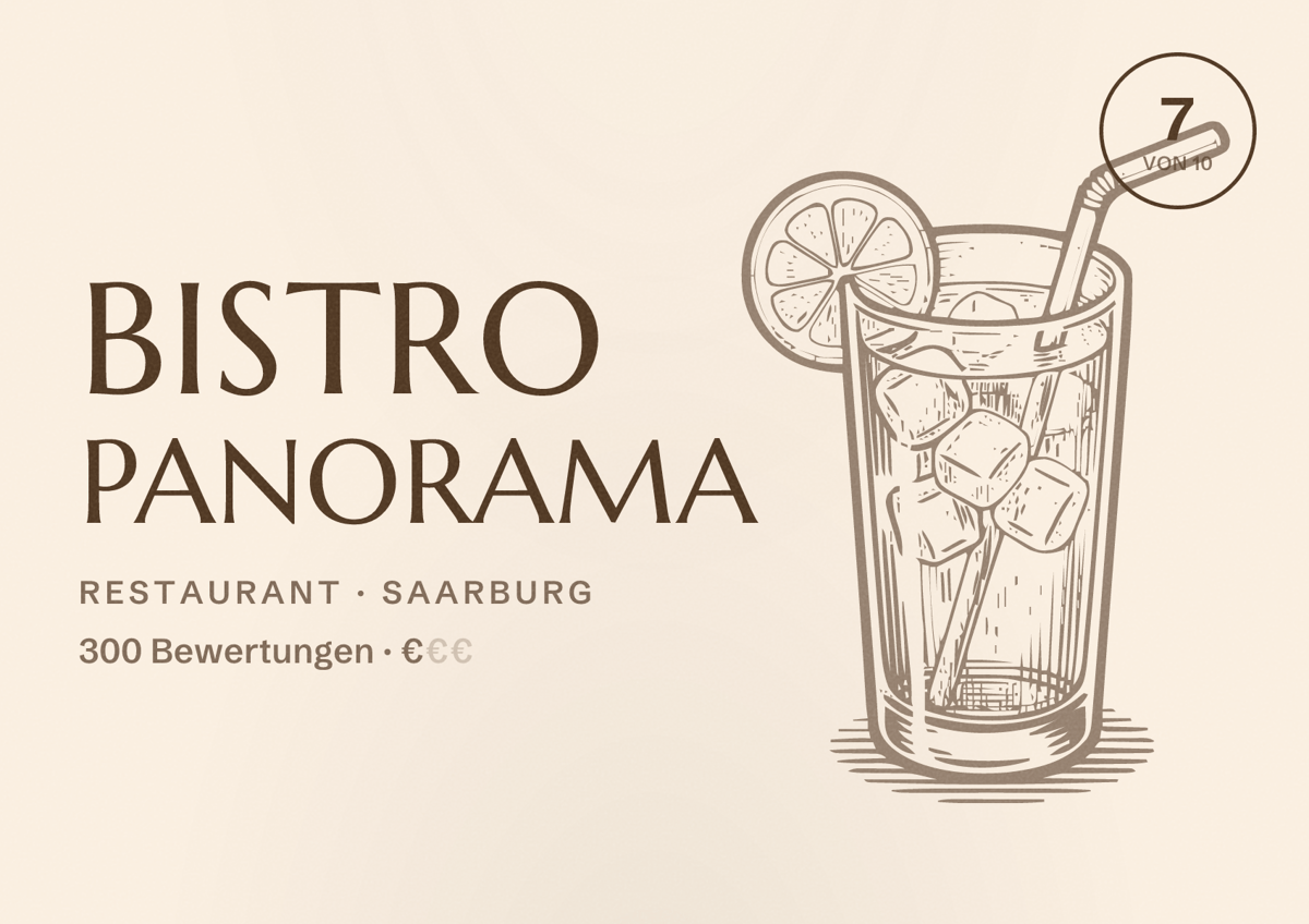 Illustriertes Poster von Bistro Panorama, Restaurant in Saarburg: Bewertung 7 von 10 aus 300 Bewertungen, Preisniveau €