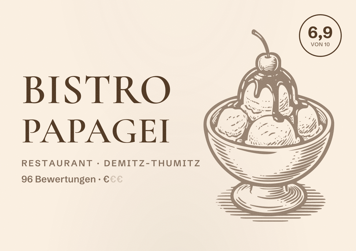 Illustriertes Poster von Bistro Papagei, Restaurant in Demitz-Thumitz: Bewertung 6,9 von 10 aus 96 Bewertungen, Preisniveau €