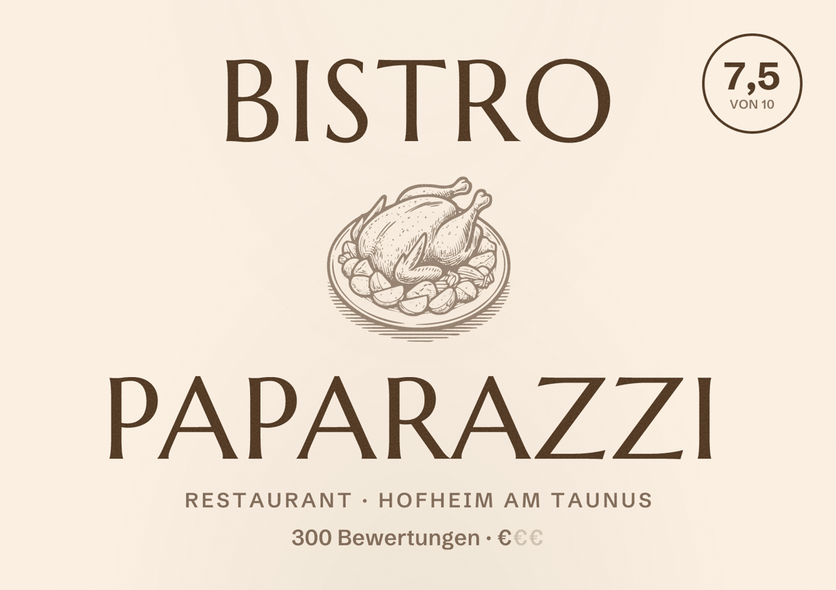Illustriertes Poster von Bistro Paparazzi, Restaurant in Hofheim am Taunus: Bewertung 7,5 von 10 aus 300 Bewertungen, Preisniveau €