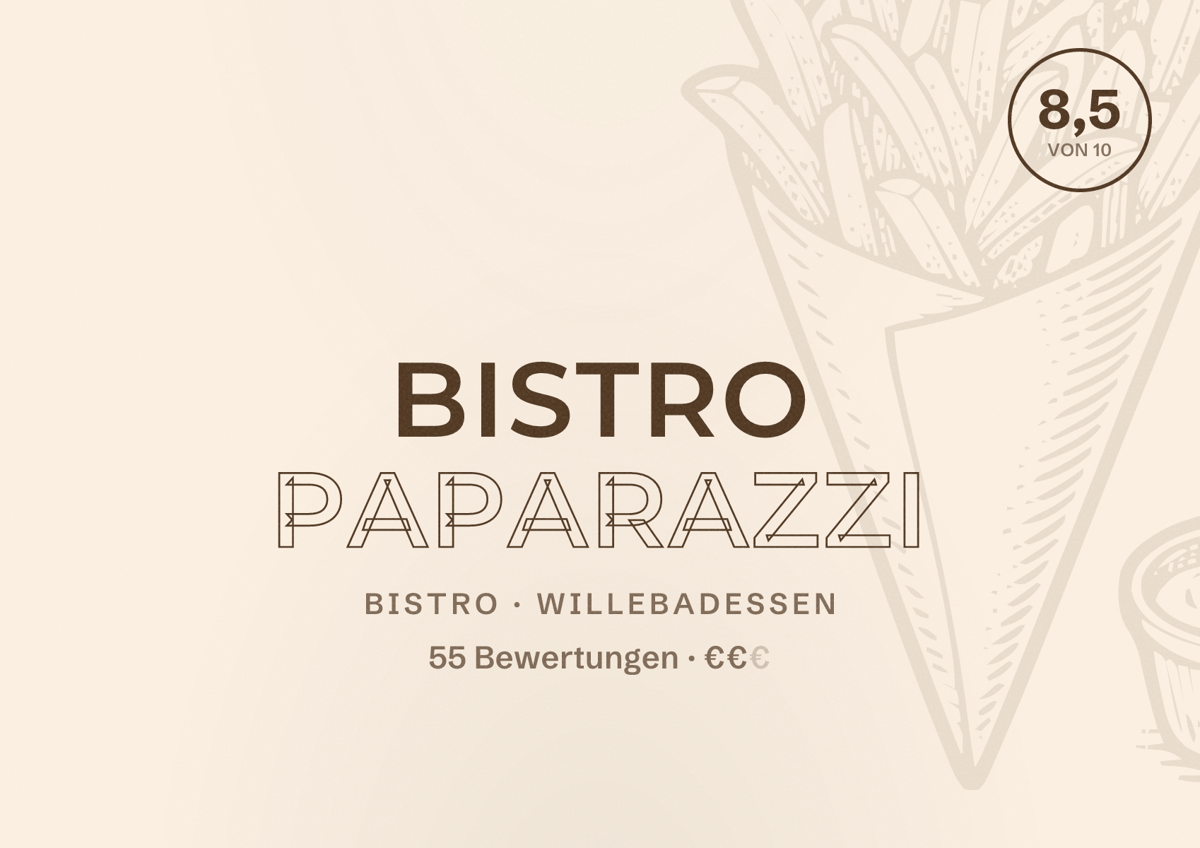 Illustriertes Poster von Bistro Paparazzi, Bistro in Willebadessen: Bewertung 8,5 von 10 aus 55 Bewertungen, Preisniveau €€