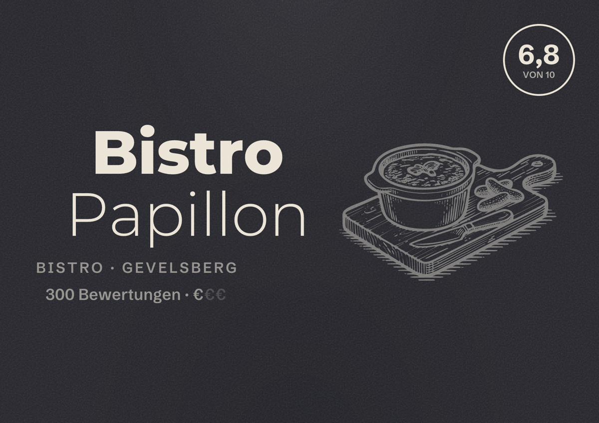 Illustriertes Poster von Bistro Papillon, Bistro in Gevelsberg: Bewertung 6,8 von 10 aus 300 Bewertungen, Preisniveau €
