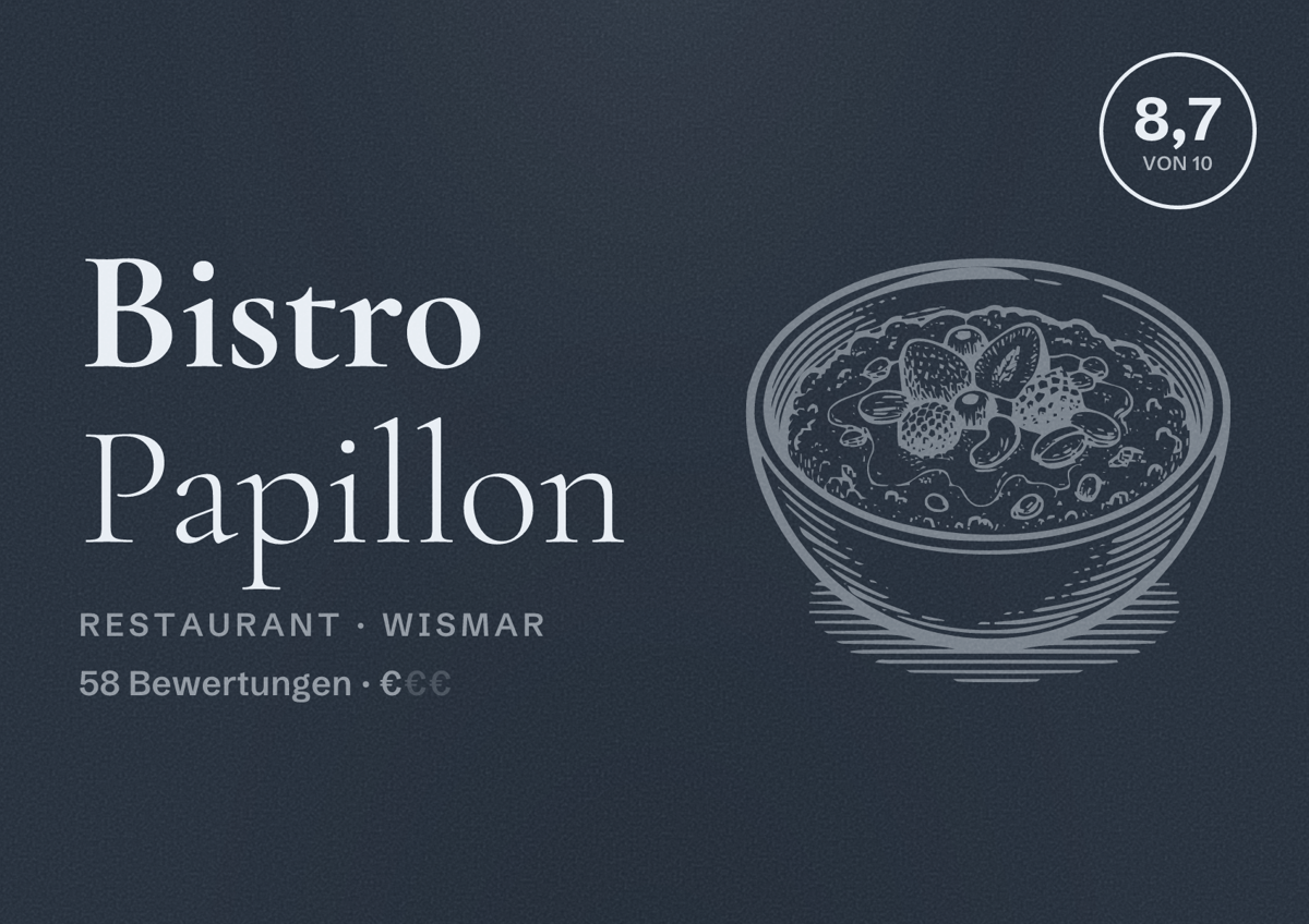 Illustriertes Poster von Bistro Papillon, Restaurant in Wismar: Bewertung 8,7 von 10 aus 58 Bewertungen, Preisniveau €