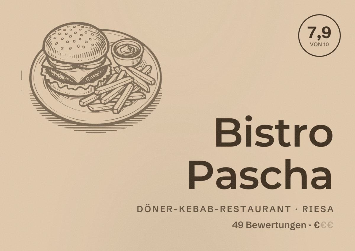 Illustriertes Poster von Bistro Pascha, Döner-Kebab-Restaurant in Riesa: Bewertung 7,9 von 10 aus 49 Bewertungen, Preisniveau €
