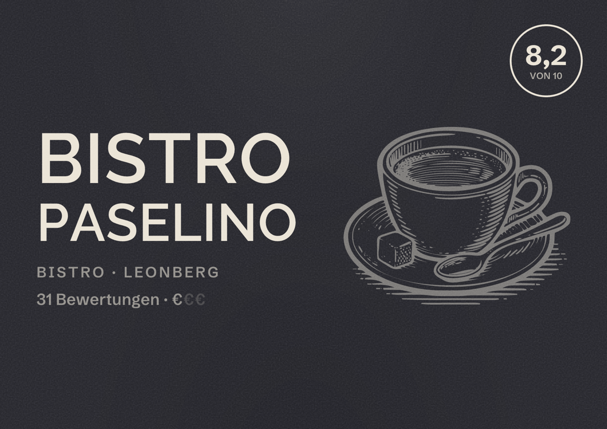 Illustriertes Poster von Bistro Paselino, Bistro in Leonberg: Bewertung 8,2 von 10 aus 31 Bewertungen, Preisniveau €