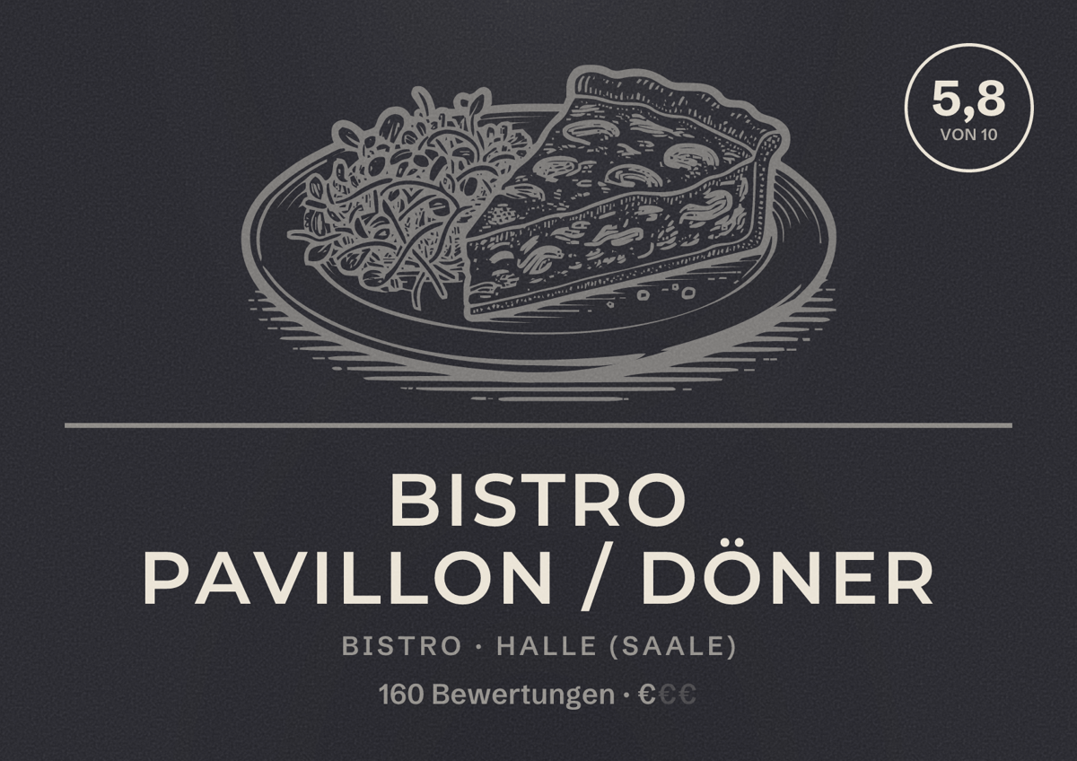 Illustriertes Poster von Bistro Pavillon / Döner, Bistro in Halle (Saale): Bewertung 5,8 von 10 aus 160 Bewertungen, Preisniveau €