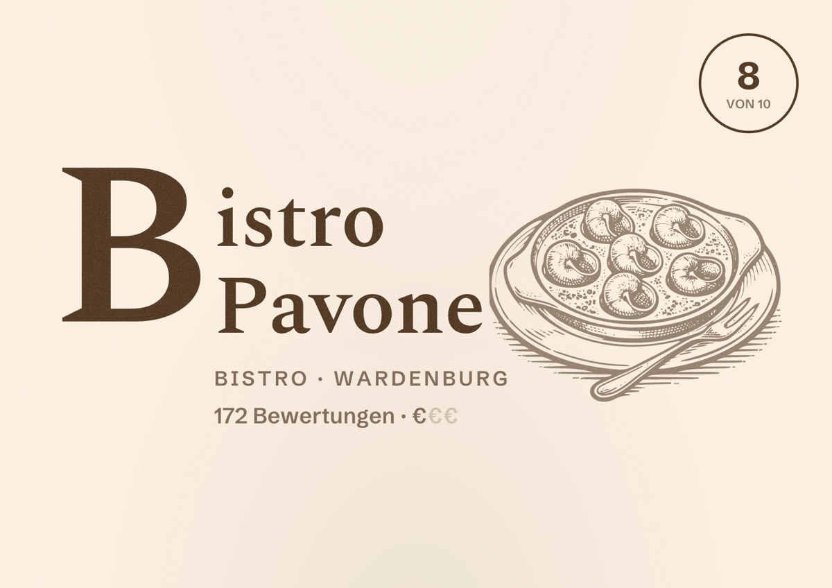 Illustriertes Poster von Bistro Pavone, Bistro in Wardenburg: Bewertung 8 von 10 aus 172 Bewertungen, Preisniveau €