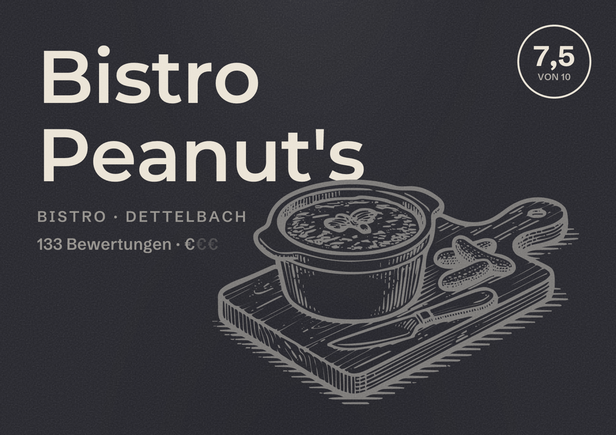 Illustriertes Poster von Bistro Peanut's, Bistro in Dettelbach: Bewertung 7,5 von 10 aus 133 Bewertungen, Preisniveau €