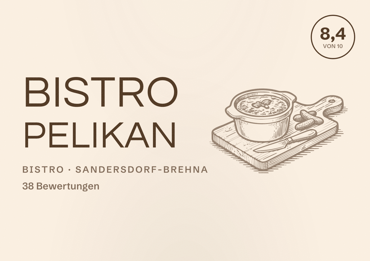 Illustriertes Poster von Bistro Pelikan, Bistro in Sandersdorf-Brehna: Bewertung 8,4 von 10 aus 38 Bewertungen