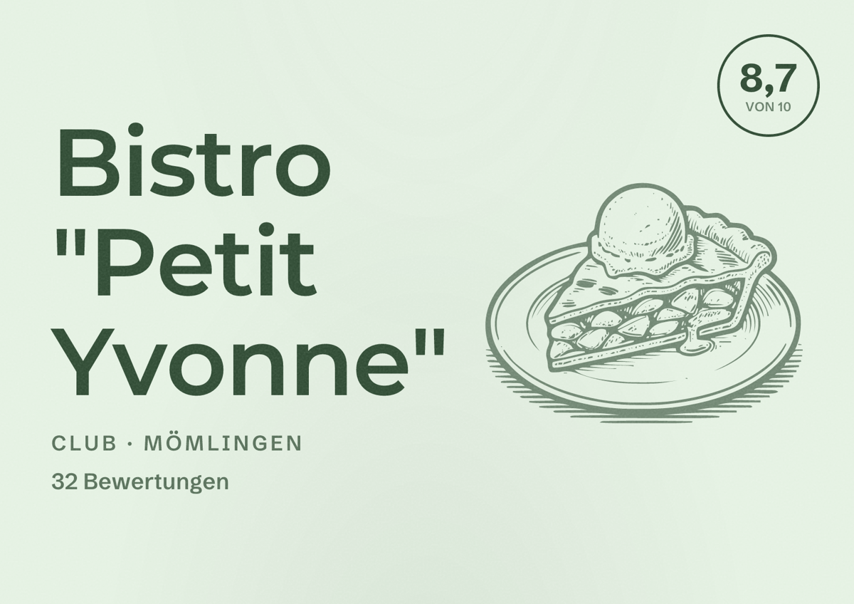 Illustriertes Poster von Bistro "Petit Yvonne", Club in Mömlingen: Bewertung 8,7 von 10 aus 32 Bewertungen