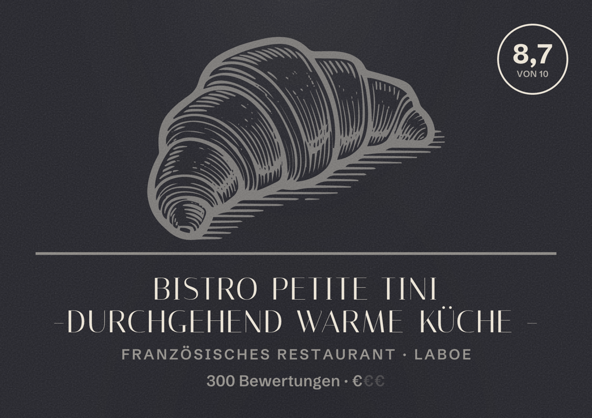 Illustriertes Poster von Bistro Petite Tini -Durchgehend Warme Küche -, Französisches Restaurant in Laboe: Bewertung 8,7 von 10 aus 300 Bewertungen, Preisniveau €