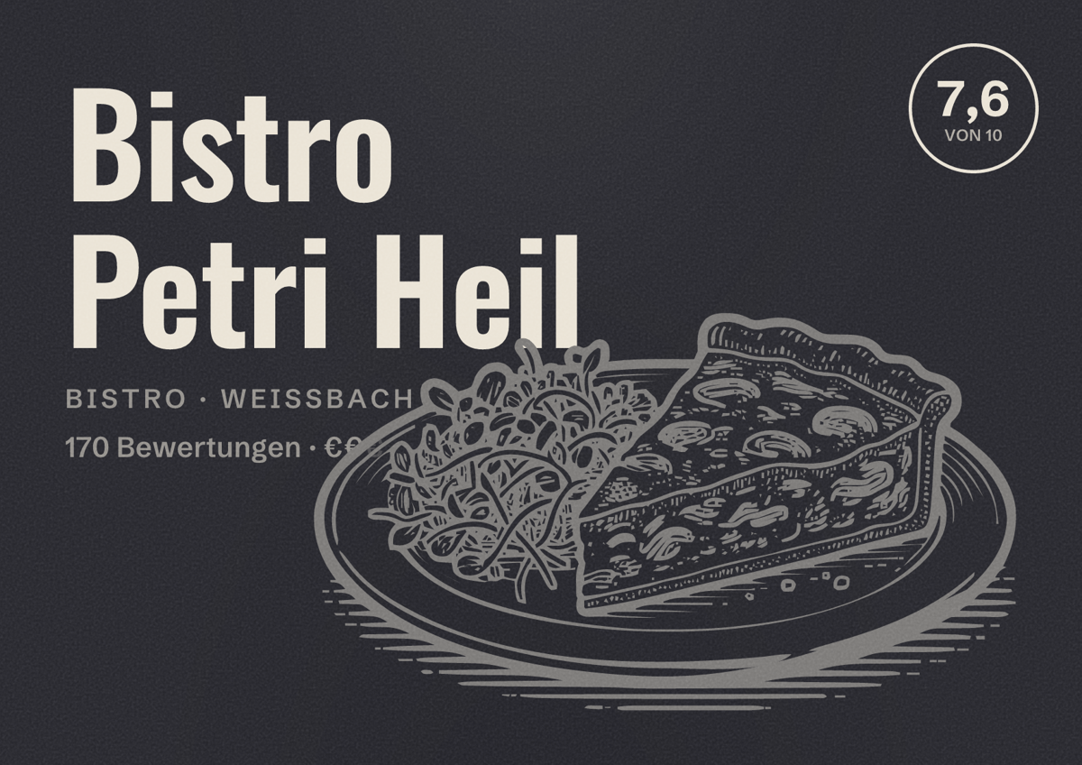 Illustriertes Poster von Bistro Petri Heil, Bistro in Weißbach: Bewertung 7,6 von 10 aus 170 Bewertungen, Preisniveau €€