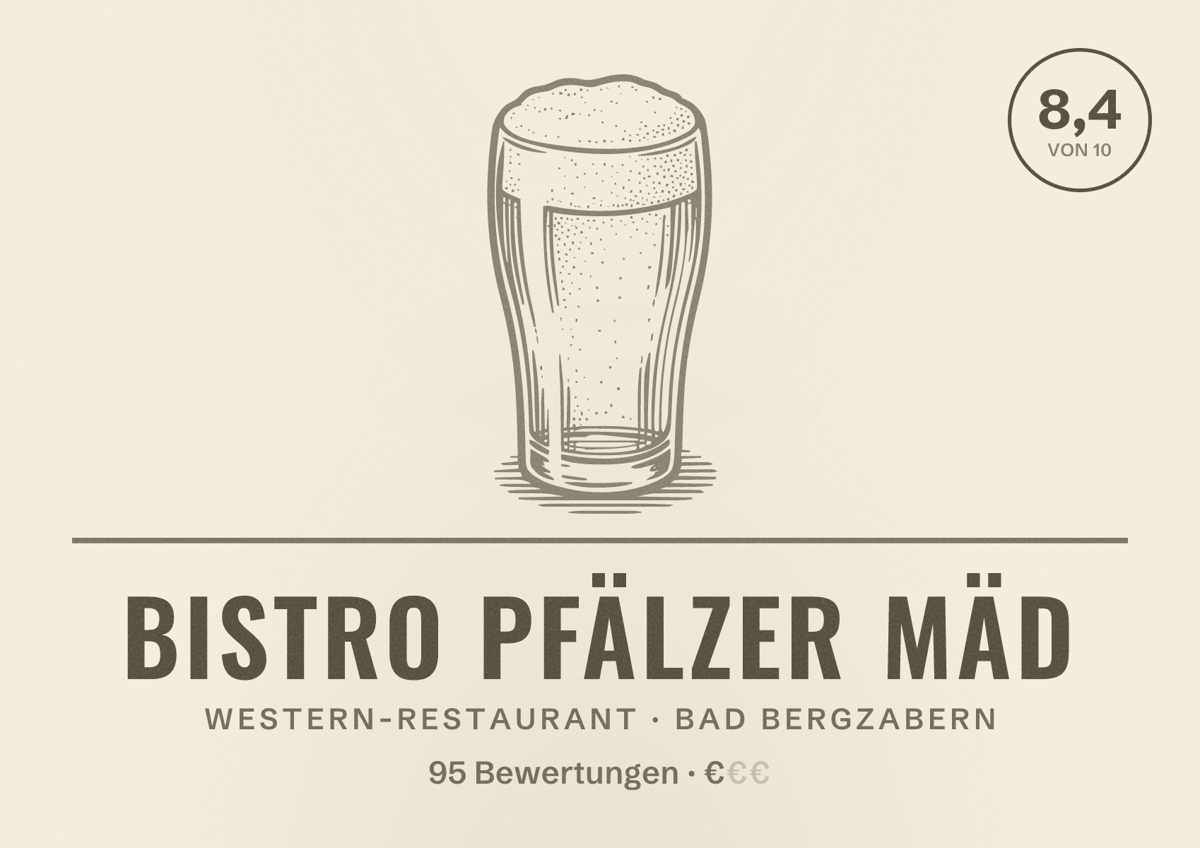Illustriertes Poster von Bistro Pfälzer Mäd, Western-Restaurant in Bad Bergzabern: Bewertung 8,4 von 10 aus 95 Bewertungen, Preisniveau €