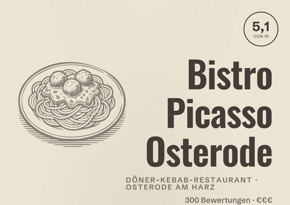 Illustriertes Poster von Bistro Picasso Osterode, Döner-Kebab-Restaurant in Osterode am Harz: Bewertung 5,1 von 10 aus 300 Bewertungen, Preisniveau €€€