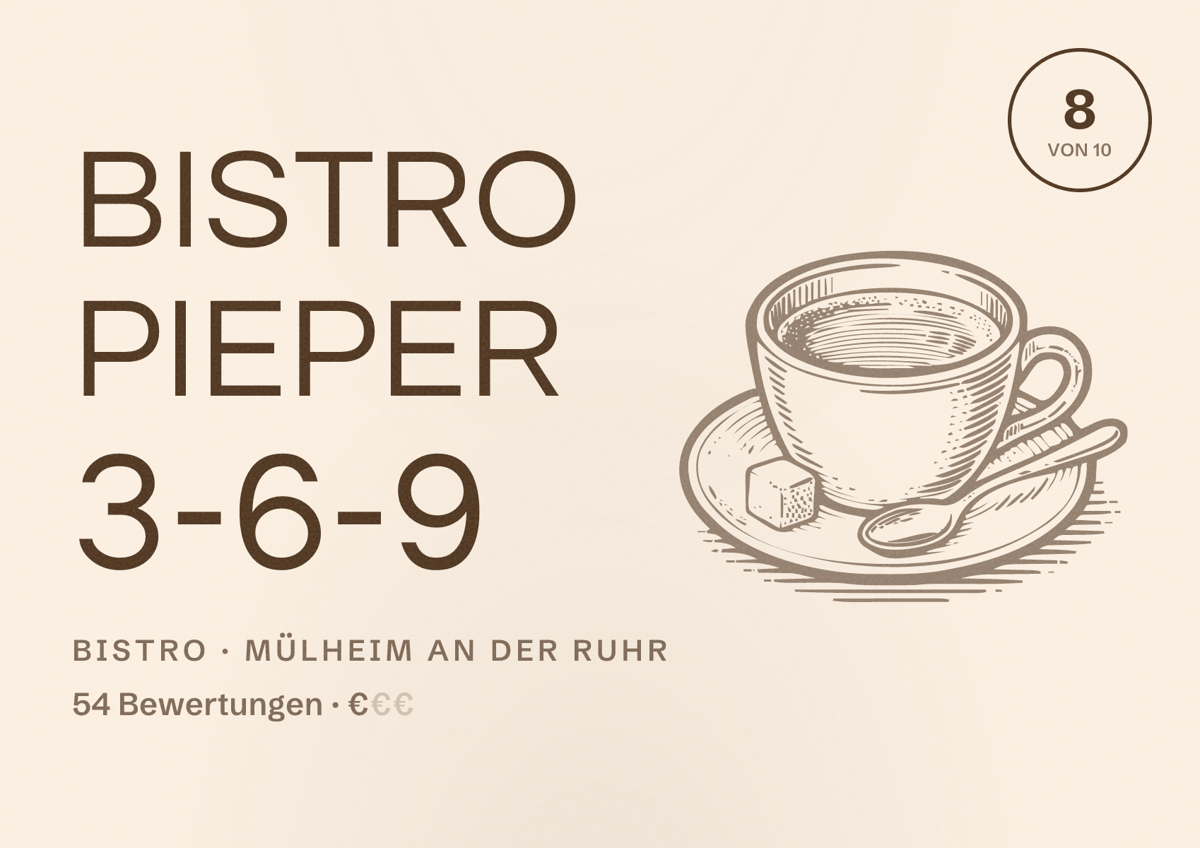 Illustriertes Poster von Bistro Pieper 3-6-9, Bistro in Mülheim an der Ruhr: Bewertung 8 von 10 aus 54 Bewertungen, Preisniveau €