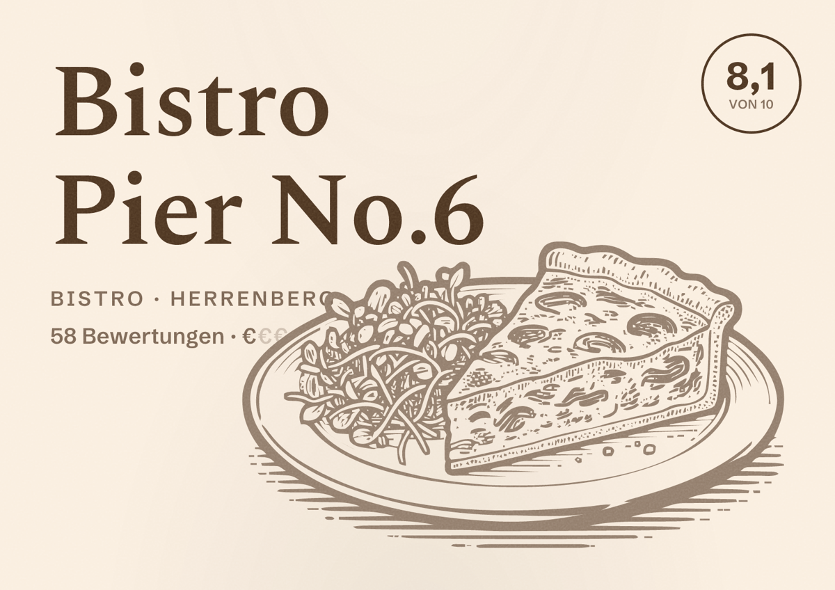 Illustriertes Poster von Bistro Pier No.6, Bistro in Herrenberg: Bewertung 8,1 von 10 aus 58 Bewertungen, Preisniveau €