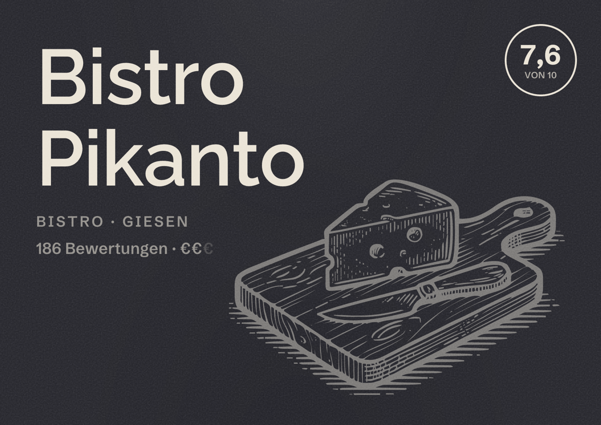 Illustriertes Poster von Bistro Pikanto, Bistro in Giesen: Bewertung 7,6 von 10 aus 186 Bewertungen, Preisniveau €€