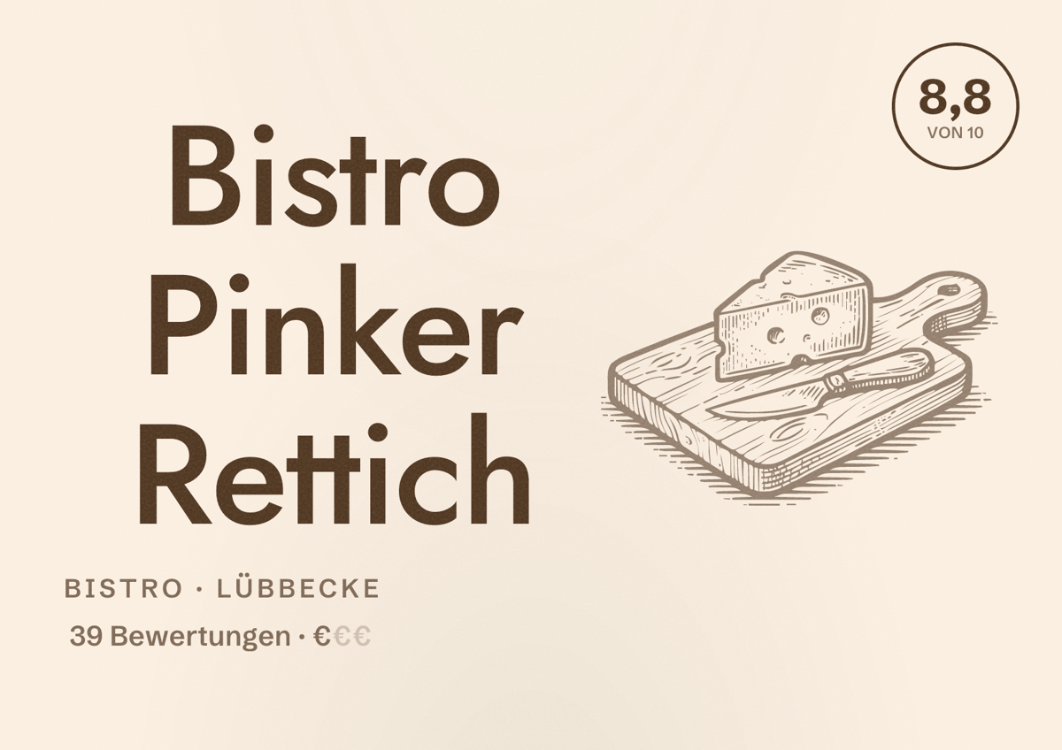 Illustriertes Poster von Bistro Pinker Rettich, Bistro in Lübbecke: Bewertung 8,8 von 10 aus 39 Bewertungen, Preisniveau €