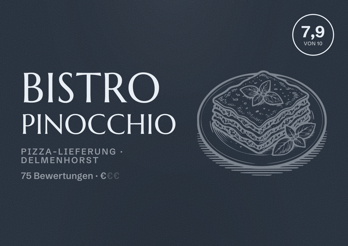 Illustriertes Poster von Bistro Pinocchio, Pizza-Lieferung in Delmenhorst: Bewertung 7,9 von 10 aus 75 Bewertungen, Preisniveau €