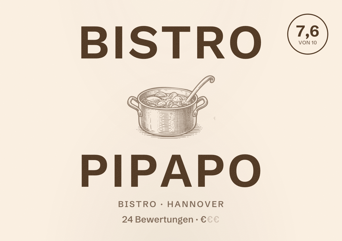 Illustriertes Poster von Bistro PiPaPo, Bistro in Hannover: Bewertung 7,6 von 10 aus 24 Bewertungen, Preisniveau €