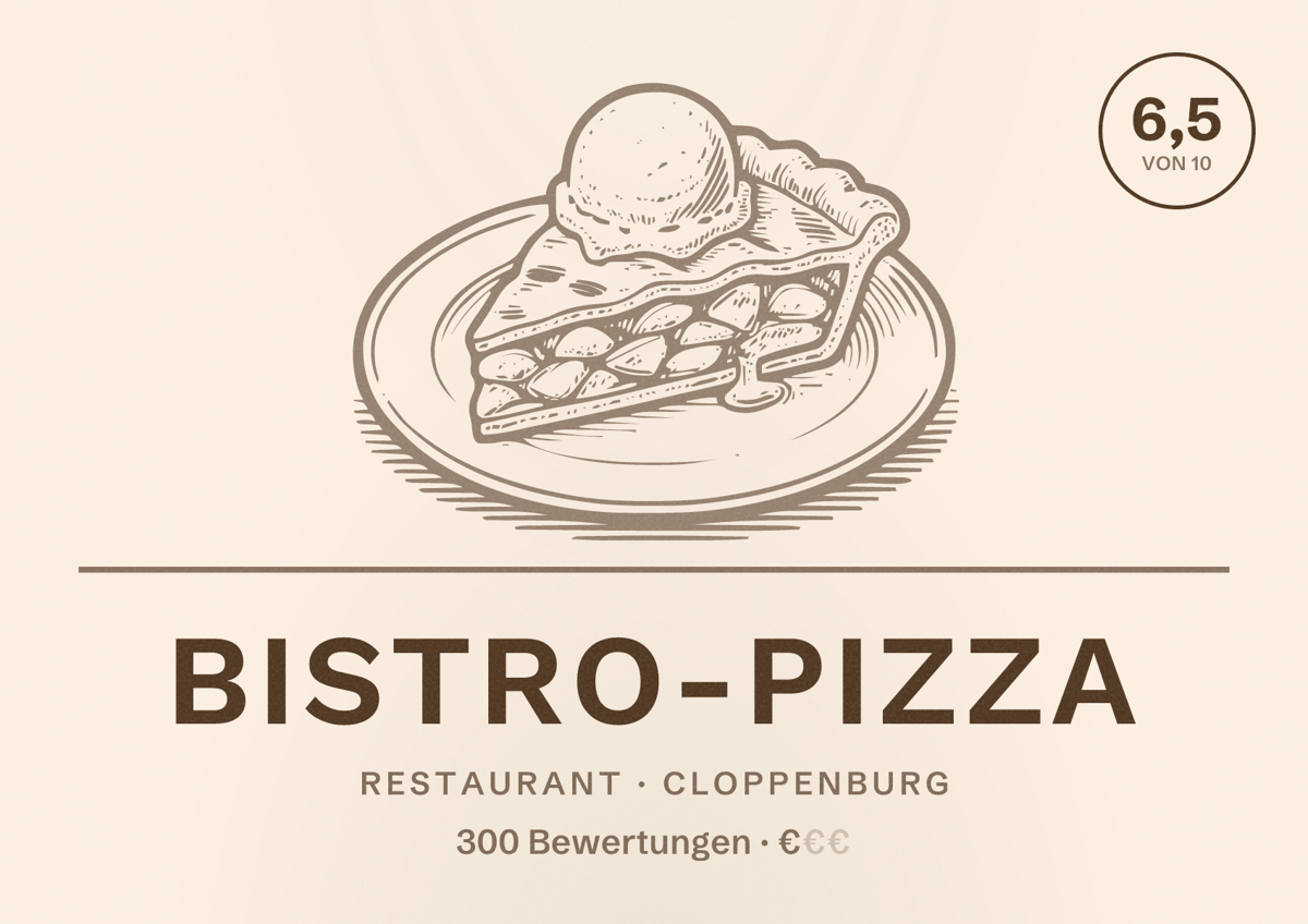 Illustriertes Poster von Bistro-Pizza, Restaurant in Cloppenburg: Bewertung 6,5 von 10 aus 300 Bewertungen, Preisniveau €