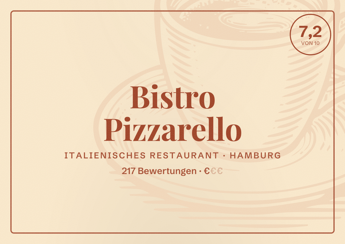 Illustriertes Poster von Bistro Pizzarello, Italienisches Restaurant in Hamburg: Bewertung 7,2 von 10 aus 217 Bewertungen, Preisniveau €
