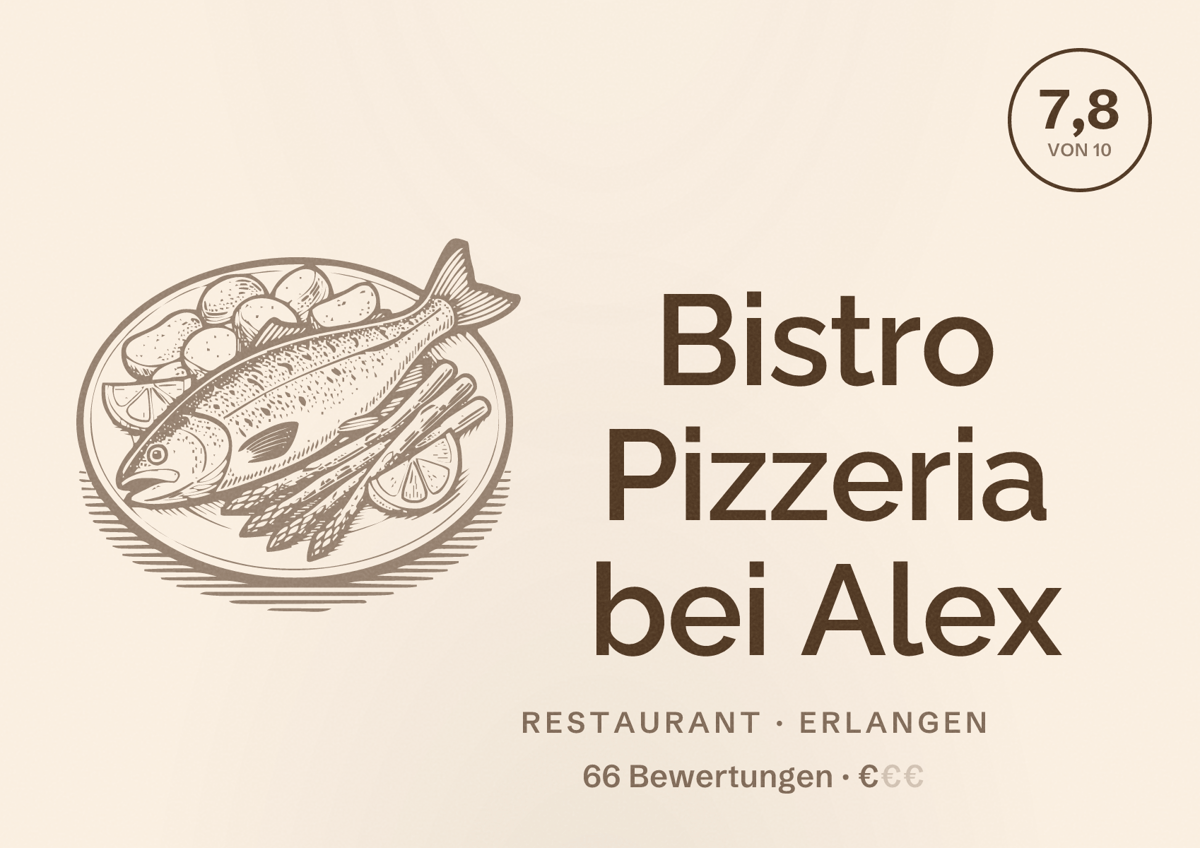 Illustriertes Poster von Bistro Pizzeria bei Alex, Restaurant in Erlangen: Bewertung 7,8 von 10 aus 66 Bewertungen, Preisniveau €