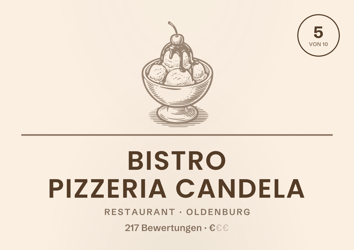 Illustriertes Poster von Bistro Pizzeria Candela, Restaurant in Oldenburg: Bewertung 5 von 10 aus 217 Bewertungen, Preisniveau €