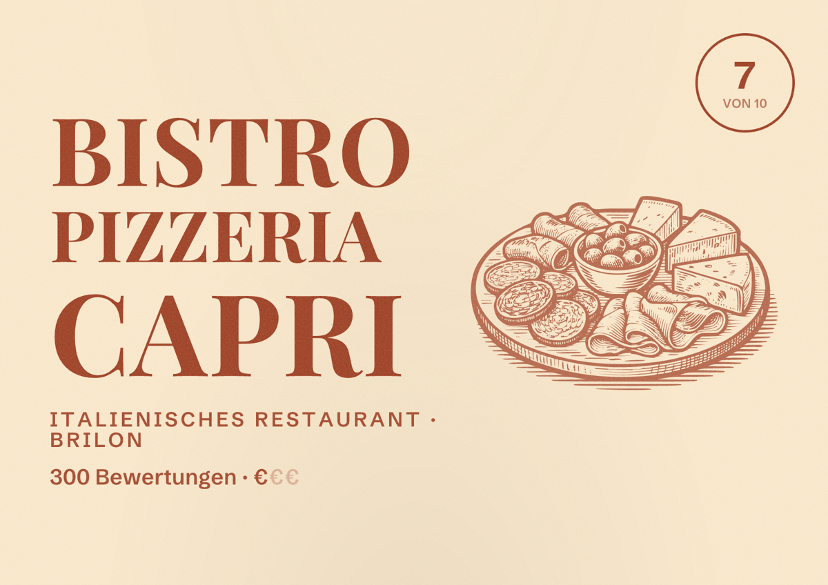Illustriertes Poster von Bistro Pizzeria Capri, Italienisches Restaurant in Brilon: Bewertung 7 von 10 aus 300 Bewertungen, Preisniveau €