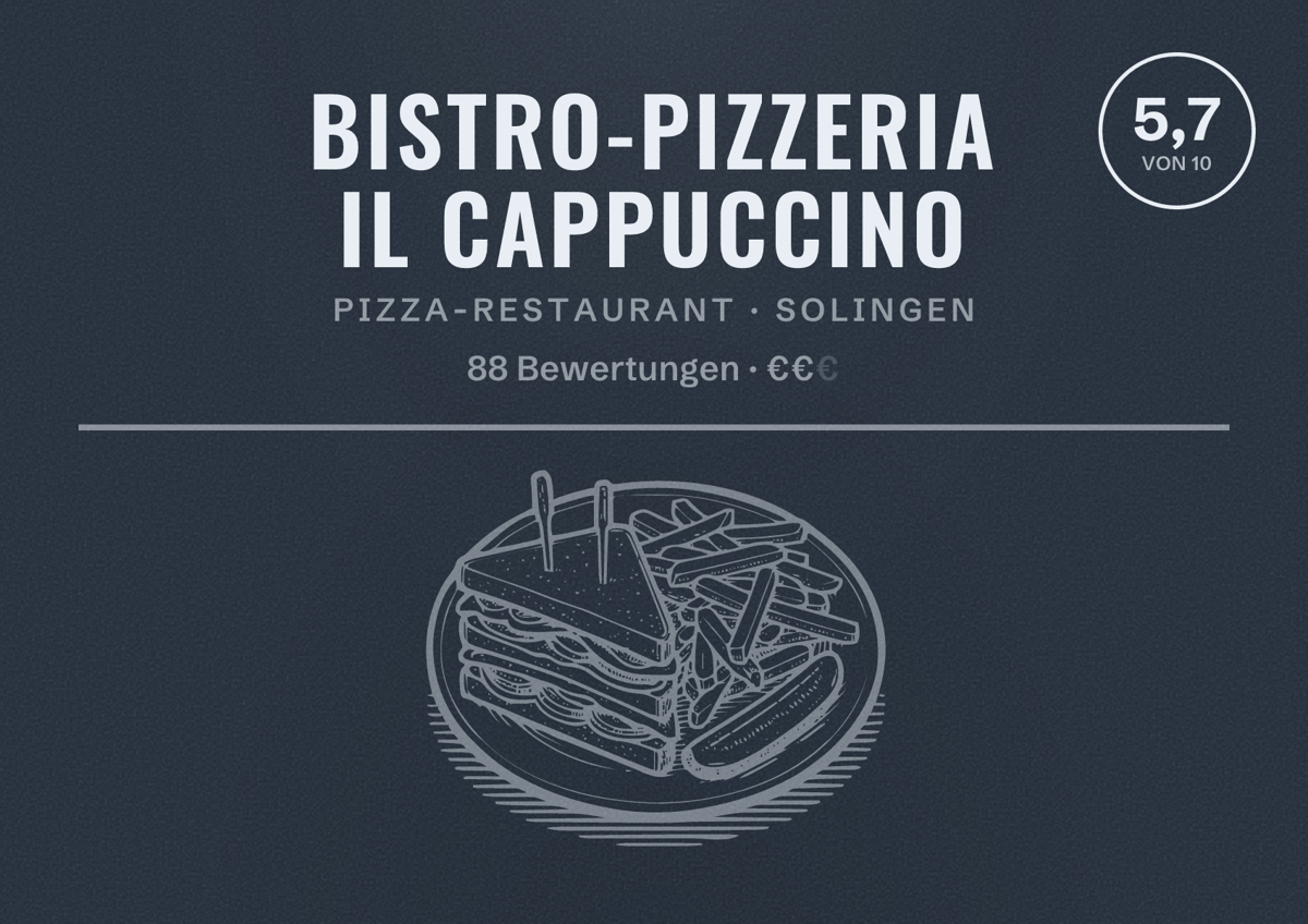 Illustriertes Poster von Bistro-Pizzeria Il Cappuccino, Pizza-Restaurant in Solingen: Bewertung 5,7 von 10 aus 88 Bewertungen, Preisniveau €€