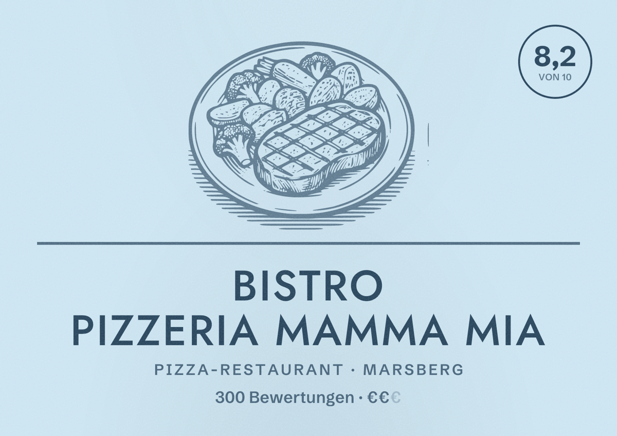 Illustriertes Poster von Bistro Pizzeria Mamma Mia, Pizza-Restaurant in Marsberg: Bewertung 8,2 von 10 aus 300 Bewertungen, Preisniveau €€